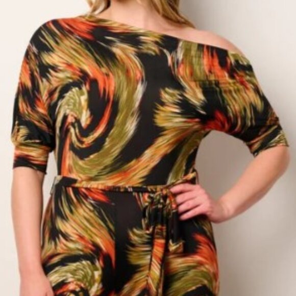 JANETTE PLUS SIZE off Shoulder Swirl Print Wide Leg Jumpsuit NWT 1X, 2X, 3X - Picture 4 of 8